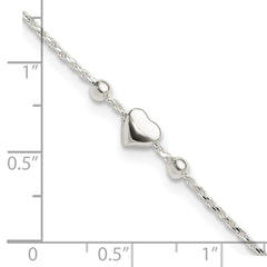 Sterling Silver Heart/Beads 9 inch Plus 1 inch Extender - Total 10 inch Anklet