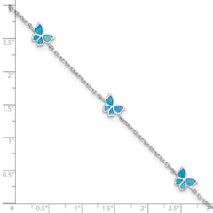 Sterling Silver Rhodium-plated Blue Created Opal Butterflies 9 inch Plus 0.5 inch Extender -Total 9.5 inch Anklet