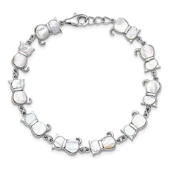 Sterling Silver Rhodium-plated Mother of Pearl Cat Link Bracelet