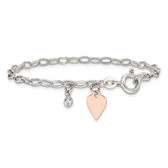 Sterling Silver Rose Gold-plated Polished w/Heart and CZ Link Bracelet