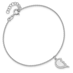 Sterling Silver Rhod-plated CZ Half Heart 7.25in w/1 in ext 2 Bracelet Set