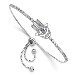Sterling Silver Rh-plated Clear and Blue CZ Evil Eye Hamsa Adj Bracelet