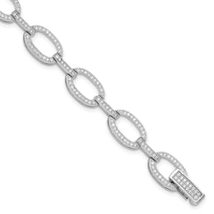 Sterling Silver Rhodium-plated CZ Oval Link Bracelet