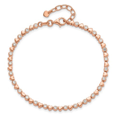 Sterling Silver Rose Tone Polished CZ and Hearts 7in w/1in ext. Bracelet