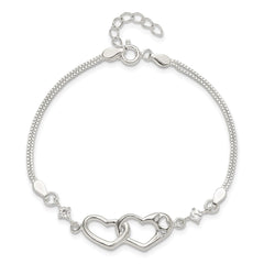 Sterling Silver Rhodium-plated Polished CZ I Heart You w/1in ext Bracelet