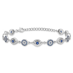 Sterling Silver RH-plated Blue White CZ Evil Eye 7.25in w/1.5in ext. Bracel