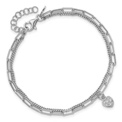 Sterling Silver Rhodium-plated CZ Heart 6.75in w/1in ext. Bracelet