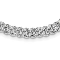 Sterling Silver Rh-plated Micro Pave CZ 6mm Curb Link 18in Necklace