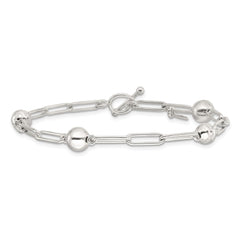 Sterling Silver Polished and Textured Beaded Link Toggle Bracelet