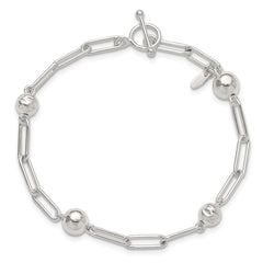 Sterling Silver Polished and Textured Beaded Link Toggle Bracelet