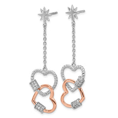 Pure Fire Sterling Silver Rhod-plated Rose-tone CZ Hearts Dangle Post Earri