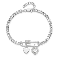 Sterling Silver RH-plated CZ Heart Moveable 7in w/ 1in ext Bracelet