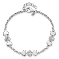 Sterling Silver Rhodium-plated Textured Hearts 7in w/1in ext. Bracelet