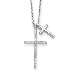 Sterling Silver Rhodium-plated with CZ Double Cross 18in Necklace
