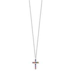SS Multi Color E-Coating CZ Cross 16in w/2in ext Necklace