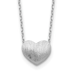 Sterling Silver Rho-plated Brushed Heart 16.5in w/1in ext Necklace