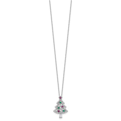 Sterling Silver RH-plated Multi Color CZ Christmas Tree w/2in ext Necklace