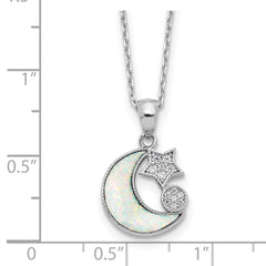 Sterling Silver RH-plated CZ Created Opal Inlay Moon w/2in ext Necklace
