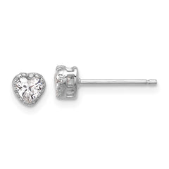 Sterling Silver Rhodium-plated Polished CZ Heart Children's 13in w/2in Ext. Necklace & Stud Earring Set