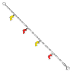 Sterling Silver Polished & Enameled Dolphins Children's 6in Bracelet