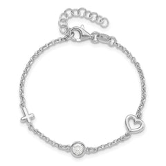 Sterling Silver RH-plated CZ Heart & Cross w/1in Ext. Children's Bracelet