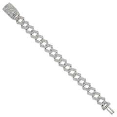Sterling Silver Polished Fancy CZ Curb Link 8.5 Inch Mens Bracelet