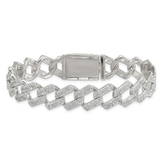Sterling Silver Polished Fancy CZ Curb Link 8.5 Inch Mens Bracelet