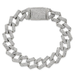 Sterling Silver Polished Fancy CZ Curb Link 8.5 Inch Mens Bracelet