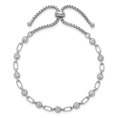 Sterling Silver Rhodium-plated Polished Round CZ and Rectangle Link Adjustable Bolo Bracelet