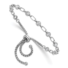 Sterling Silver Rhodium-plated Polished Round CZ and Rectangle Link Adjustable Bolo Bracelet