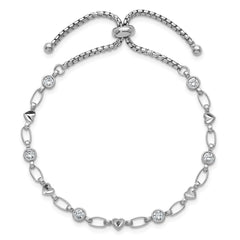 Sterling Silver Rhodium-plated Polished Round CZ and Diamond-cut Heart Adjustable Bolo Bracelet