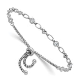 Sterling Silver Rhodium-plated Polished Round CZ and Diamond-cut Heart Adjustable Bolo Bracelet