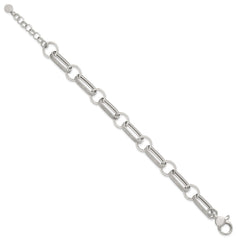 Sterling Silver Polished and Textured Oval and Round Link 7.5 inch with 1 inch Extender Bracelet