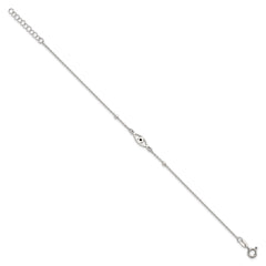 Sterling Silver Polished Beaded Black Enamel Evil Eye 7 inch with 1 inch Extension Bracelet