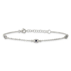 Sterling Silver Polished Blue and White CZ Evil Eye 7 Inch with 1 Inch Extension Bracelet