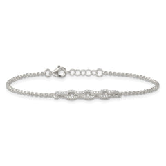 Sterling Silver Polished Pave CZ Cable Link 6.75 Inch with 0.5 Inch Extension Bracelet