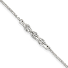 Sterling Silver Polished Pave CZ Cable Link 6.75 Inch with 0.5 Inch Extension Bracelet