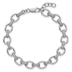 Sterling Silver Rhodium-plated Oval Link with CZ Bars 7 inch with 0.75 inch Extension Bracelet