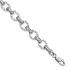 Sterling Silver Rhodium-plated Oval Link with CZ Bars 7 inch with 0.75 inch Extension Bracelet