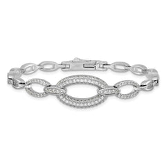 Sterling Silver Rhodium-plated Polished CZ Oval Link 7 inch Bracelet