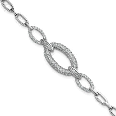 Sterling Silver Rhodium-plated Polished CZ Oval Link 7 inch Bracelet