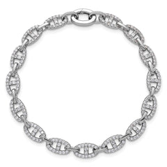 Sterling Silver Rhodium-plated Polished CZ Anchor/Mariner Link 7.25 inch Bracelet