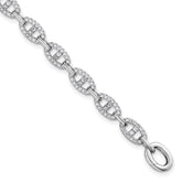 Sterling Silver Rhodium-plated Polished CZ Anchor/Mariner Link 7.25 inch Bracelet