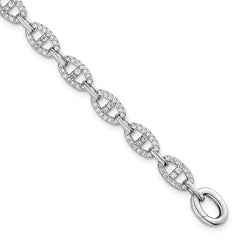 Sterling Silver Rhodium-plated Polished CZ Anchor/Mariner Link 7.25 inch Bracelet