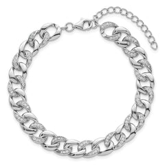 Sterling Silver Rhodium-plated Polished CZ 8.00mm Curb Link 7 Inch with 1.5 Inch Extension Bracelet