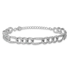 Sterling Silver Rhodium-plated Polished CZ 8.5mm Figaro Link 7 Inch with 1.5 Inch Extension Bracelet