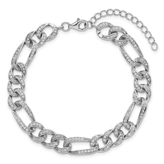Sterling Silver Rhodium-plated Polished CZ 8.5mm Figaro Link 7 Inch with 1.5 Inch Extension Bracelet