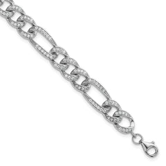 Sterling Silver Rhodium-plated Polished CZ 8.5mm Figaro Link 7 Inch with 1.5 Inch Extension Bracelet