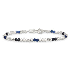 Sterling Silver Polished Blue Agate and Spinel Beaded 7.5 inch Bracelet