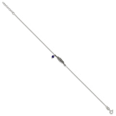 Sterling Silver Antiqued Blue Lapis/Feather 9 inch Plus 1 inch Extender - Total 10 inch Anklet